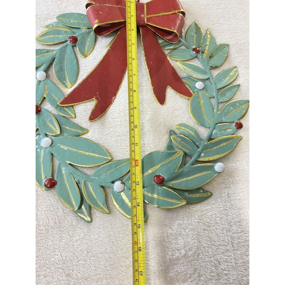 VTG 1980s Metal Christmas Wreath Wall, Door Decor Green Leaves Red Bow Berries - Picture 4 of 14